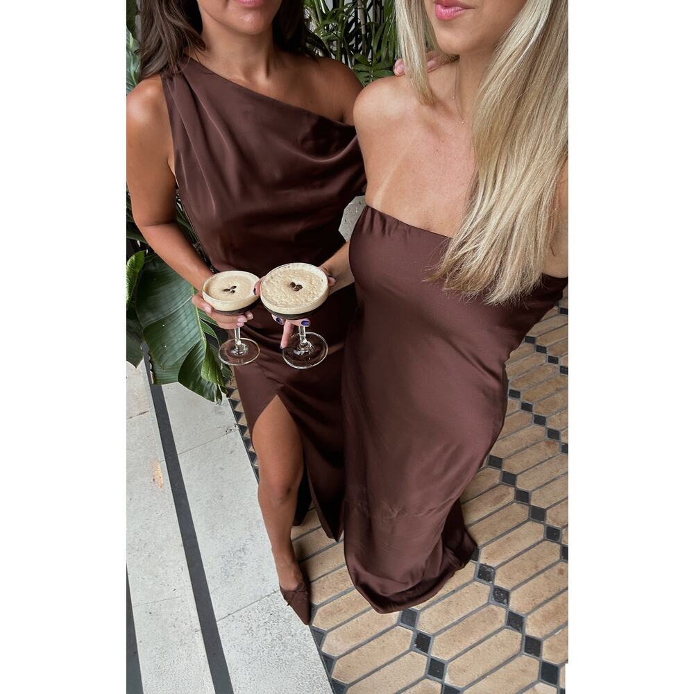 Show Me Your Mumu Taylor Tube Maxi Dress in Chocolate Luxe Satin S - Picture 6 of 10